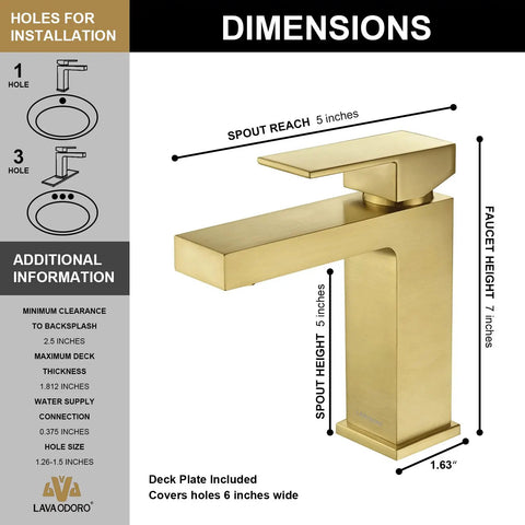 Dimensions of Brushed Gold Single Hole Bathroom Faucet With Pop Up Drain, Modern One Handle Vanity Sink Tap, Deck Plate Included