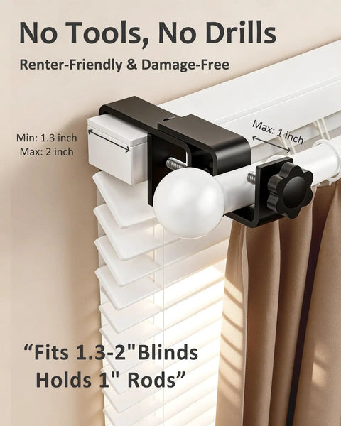 Close-up of no drill curtain rod brackets for outside mount blinds, black, attached to a white rectangular headrail, tool-free setup.