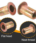 100 Piece Pack Of 10-32 Rivet Nuts Crafted From Heavy Duty Zinc Plated Carbon Steel Plus A Knurled Flat Head Design showing flat and neat thread details.