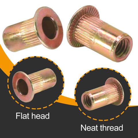 100 Piece Pack Of 10-32 Rivet Nuts Crafted From Heavy Duty Zinc Plated Carbon Steel Plus A Knurled Flat Head Design showing flat and neat thread details.