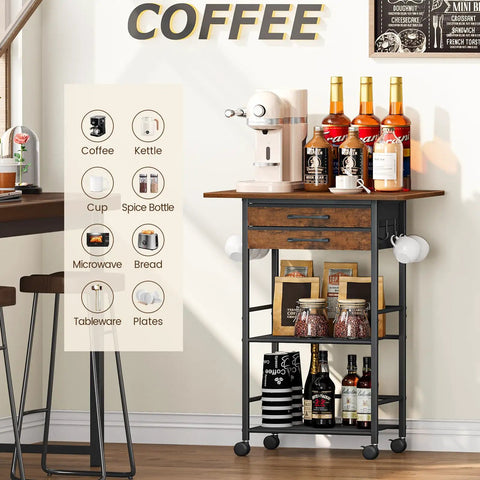 Five Tier Rolling Coffee Cart On Wheels with Two Large Drawers and Removable Dividers next to coffee maker and bottles