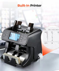 Two Pocket Money Counter Machine That Sorts Mixed Denominations With Built In Printer on counter showing display and printout
