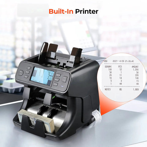 Two Pocket Money Counter Machine That Sorts Mixed Denominations With Built In Printer on counter showing display and printout