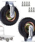 Heavy Duty Fixed Caster Wheels Set Of 2 With Precision Ball Bearings Rock Solid Pneumatic 10 Inch Rubber Tires and hardware.