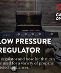 Low Pressure Propane Regulator And Three Foot Hose Kit connected to a gas grill, ideal for LP grills, heaters, and fire pits