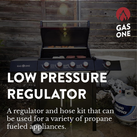Low Pressure Propane Regulator And Three Foot Hose Kit connected to a gas grill, ideal for LP grills, heaters, and fire pits