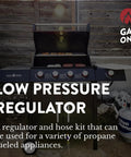 5 Feet Propane Regulator Hose For Fire Pit, Grill, And Heater, 80,000 BTU, Low Pressure, Fiber Reinforced Gas Line shown with grill