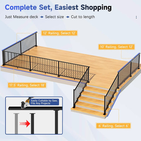 Modular Adjustable Aluminum Stair Railing Kit For Outdoor Deck Or Porch, Cuttable Length, Easy DIY Install, Fits 28 To 45 Degree Stairs, Full Textured Matte Black Finish, Includes 1 Post And 1 Panel