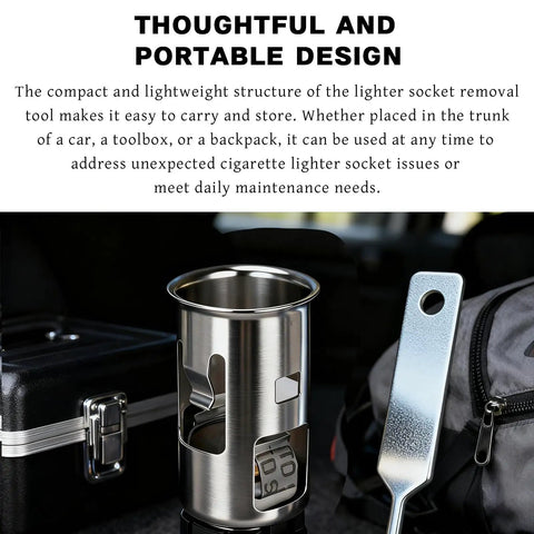 Universal Lighter Socket Removal Tool For Cars And Trucks, Quick Easy Cigarette Lighter Socket Extractor displayed in trunk