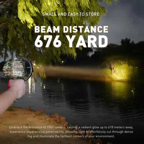 Hunting Spotlight 1500 Lumen Camouflage Handheld Corded 12V Spotlight With Realtree Xtra Print illuminating water at night.