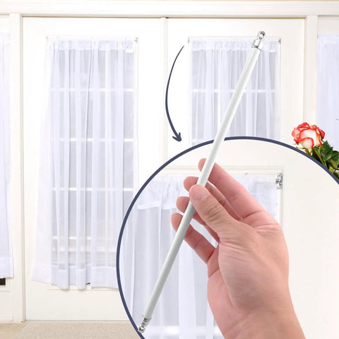 Rock Solid White Swivel Sash Curtain Rods, Adjustable 12 To 20 Inches, Set Of 2 With Nickel End Caps, No Sweat Wall Mount For Entry Doors And Windows, Premium Alloy Steel Hardware Kit in hand, showing adjustable length.