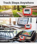Portable Mini Digital Pedometer With LCD Screen Step Counter Tracking Walking Distance In Miles Calorie Burn And Exercise Time Plus Daily Target Monitor For Walks Runs And Daily Fitness On The Go Red on bench, desk and treadmill