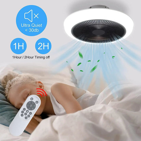 Bladeless 18 Inch Ceiling Fan With Lights Remote Control Enclosed Low Profile Design in a bedroom setting showcasing quiet operation