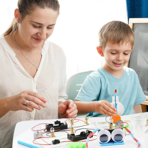 Parent and child exploring Hands On Electrical Circuit Kit For Kids That Makes STEM Fun, 8 Experiments Covering Series And Parallel Circuits