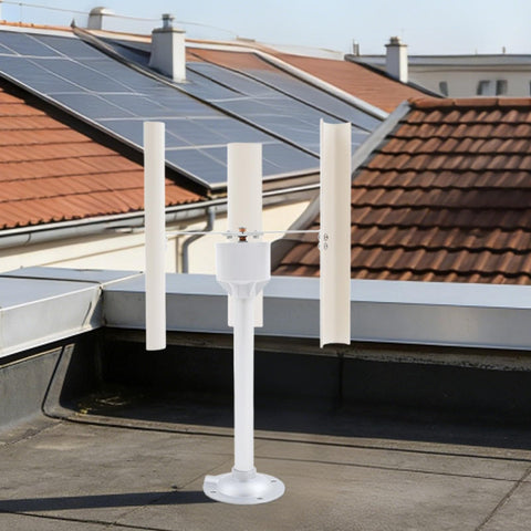 Three Blade Vertical Axis Wind Turbine Kit With 12V 40W 3-Phase Permanent Magnet Motor on rooftop.