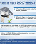 Dryer Thermal Fuse Kit Including DC47-00016A Cutoff DC96-00887A Thermostat DC32-00007A Thermistor DC47-00018A Thermostat Replacement For Most Dryers Overheat Protection And Precise Temperature Control product details listed with replacement part numbers.