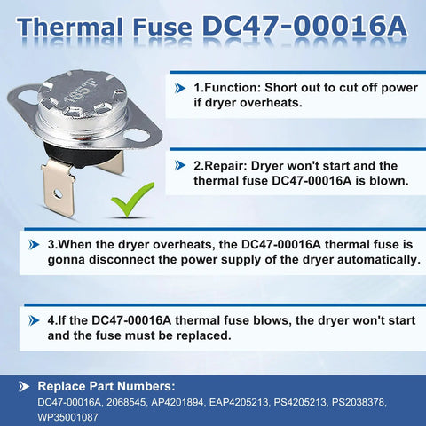 Dryer Thermal Fuse Kit Including DC47-00016A Cutoff DC96-00887A Thermostat DC32-00007A Thermistor DC47-00018A Thermostat Replacement For Most Dryers Overheat Protection And Precise Temperature Control product details listed with replacement part numbers.