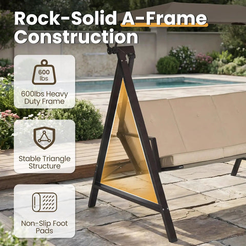 Side view of Three Seater Outdoor Swing With Canopy And Stand Heavy Duty 600 Lb Capacity All Weather showing A-frame structure and canopy.