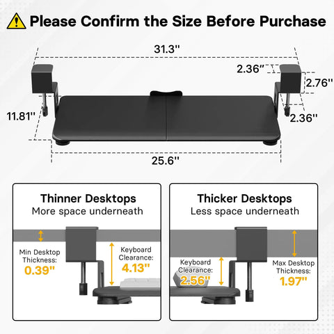 Diagram showing dimensions of Under Desk Keyboard Tray With Pull Out Keyboard And Mouse Platform C Clamp Mount 25.6 by 11.8 inches.