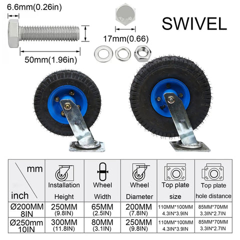 Heavy Duty Pneumatic Swivel Casters With Inflatable Rubber Wheels 440 Lbs Load Capacity Galvanized Steel Brackets, detailed view with dimensions.
