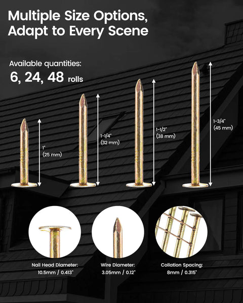 Straight Shooting 1 3/4 Inch 15 Degree Roofing Nails Wire Weld Collated Shingle Fasteners shown in multiple sizes on a roof.