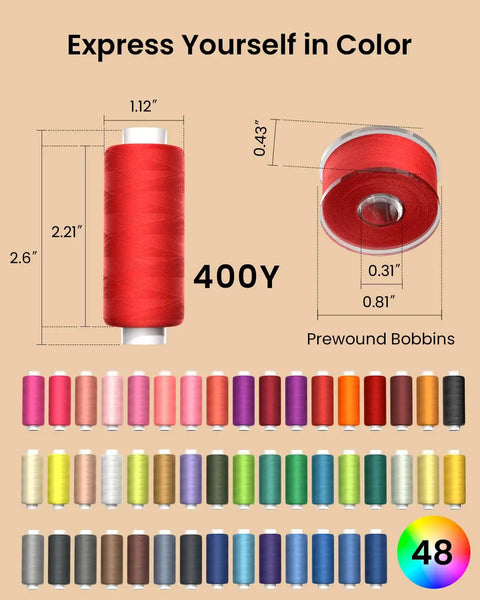 All-In-One Pro Grade Sewing Thread Kit With 48 Colors And 400 Yards Per Spool, Four-Ply Tight-Twist AAA Polyester With Prewound Bobbins, thread spools in multiple colors and dimensions.