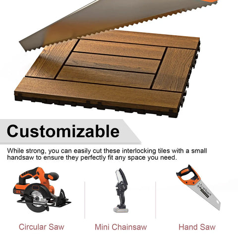 Circular saw cutting Interlocking Pine Deck Tiles 27 Pack 11.8 By 11.8 Inches Outdoor Patio Flooring Waterproof All Weather.