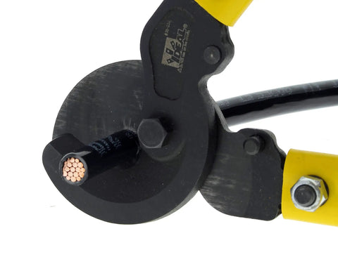Beast Mode Heavy Duty 22 Inch Long Arm Cable Cutter cutting copper wire, featuring replaceable blades and precision ground jaws