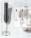 Rechargeable Handheld Milk Frother With Stand For Coffee Lattes Cappuccinos Matcha And More Quiet Fast Foam Wand In 15 To 30 Seconds USB Rechargeable Kitchen Gift Black, shown with dimensions and accessories.