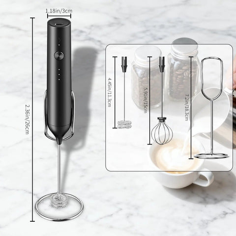 Rechargeable Handheld Milk Frother With Stand For Coffee Lattes Cappuccinos Matcha And More Quiet Fast Foam Wand In 15 To 30 Seconds USB Rechargeable Kitchen Gift Black, shown with dimensions and accessories.
