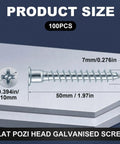 Diagram showing 100 Pack 7mm By 50mm Confirmat Screws For Wood Cabinets And DIY Projects with dimensions and flat head.
