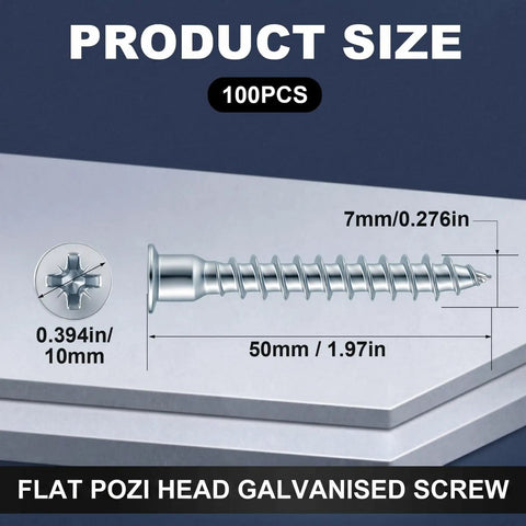 Diagram showing 100 Pack 7mm By 50mm Confirmat Screws For Wood Cabinets And DIY Projects with dimensions and flat head.