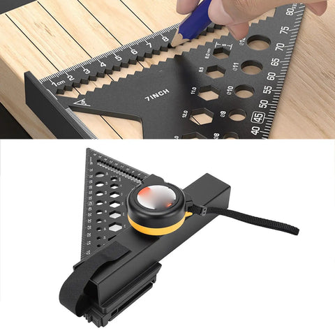 7 Inch Carpenter Square Set With 5 Meter Steel Tape And Belt Loop Aluminum Alloy Rafter Square on wood surface.