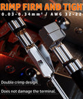 Close-up of Pro Grade All In One DIY Electronics Crimping Tool Kit showing crimped wire with connector and features text.