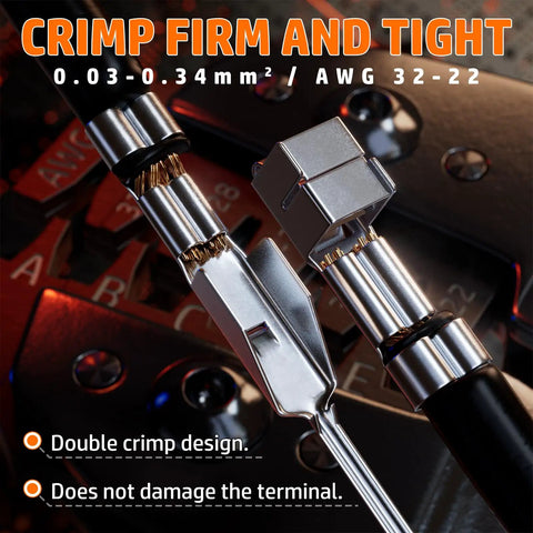 Close-up of Pro Grade All In One DIY Electronics Crimping Tool Kit showing crimped wire with connector and features text.