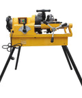 Heavy Lifter Electric Pipe Threader Machine with durable alloy steel cutters, adjustable knobs, and stable legs for smooth operation.