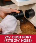 Close-up of 2⅜" dust port attaching to Heavy Six Inch Benchtop Jointer for improved dust collection.