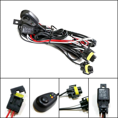 Plug And Play Relay Harness Kit With LED On Off Switch For Auto Driving Lights Fog Lights And Off Road Lighting H11 H8 H9 shown