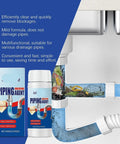 Three Piece Drain Cleaner Kit That Clears Kitchen Sinks, Bathrooms And Toilets Fast, Safe For All Pipe Types, Five Minute Blockage Solution For Hair, Grease, Soap Scum And Food Debris No Clog Drama. Visible packaging and pipe illustration showing blockage removal process.