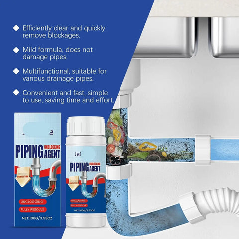 Three Piece Drain Cleaner Kit That Clears Kitchen Sinks, Bathrooms And Toilets Fast, Safe For All Pipe Types, Five Minute Blockage Solution For Hair, Grease, Soap Scum And Food Debris No Clog Drama. Visible packaging and pipe illustration showing blockage removal process.