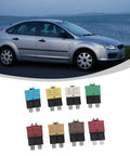 Heavy Duty 8 Pack Circuit Breaker Kit 3A To 30A Range With No Hassle Auto Reset Surge Guard For Car Truck Rv Marine Electrical Pro Series showing circuit breakers with a silver car in background.