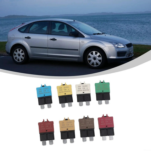 Heavy Duty 8 Pack Circuit Breaker Kit 3A To 30A Range With No Hassle Auto Reset Surge Guard For Car Truck Rv Marine Electrical Pro Series showing circuit breakers with a silver car in background.