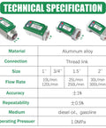 Technical specifications for 1.5 Inch Digital Fuel Flow Meter Inline NPT With LCD Display, showing sizes and flow rates.