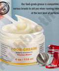 4 Oz Food Grade Grease For Stand Mixers with spatula, red mixer, and text about performance benefits on a blue background