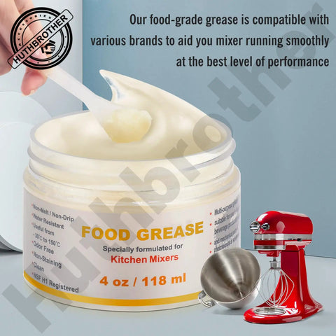 4 Oz Food Grade Grease For Stand Mixers with spatula, red mixer, and text about performance benefits on a blue background