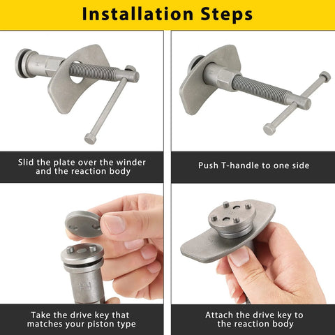 Disc brake caliper piston wind-back tool with T-handle and mounting plate, metal gray, for brake pad replacement