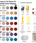 Color Match Porcelain Repair Kit For Tub And Tile, component display with color options and repair tools for home restoration.