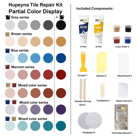 Color Match Porcelain Repair Kit For Tub And Tile, component display with color options and repair tools for home restoration.