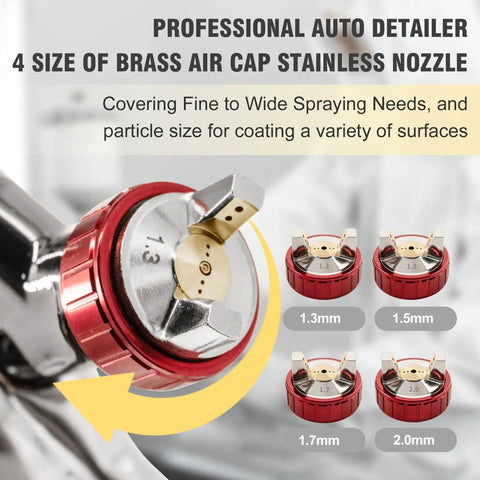 Pro Grade LVLP Spray Gun With Swappable 1.3 To 2.0 Millimeter Nozzles And Integrated Pressure Regulator for detailing nozzles showing 1.3mm to 2.0mm sizes.