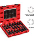 16 Piece Wheel Lock Key Set with SAE and Metric Keys in red storage case, showcasing spline, star, hex, and fluted hex bits.